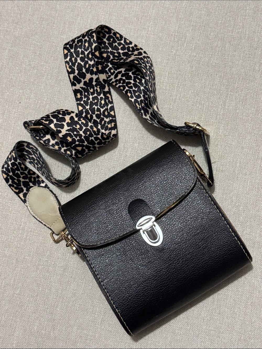 Vintage Camera Case-Repurposed To Be Crossbody Bag-Black-Animal Print Strap-GUC